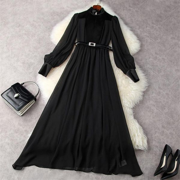 

casual dresses gothic dress spring runway fashion robe women lantern sleeve black long maxi chiffon party celebrity prom aline vestidos, Black;gray