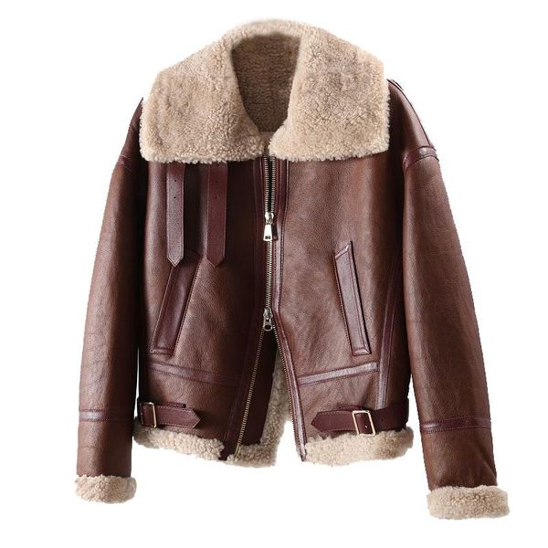 

women's fur & faux winter jacket women real coat lamb natural merino motorcycle sheep genuine leather short, Black