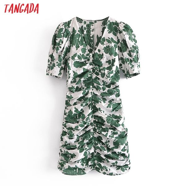 

women green leaves print summer v neck puff short sleeve side zipper ladies pleated mini dress 3h243 210416, Black;gray