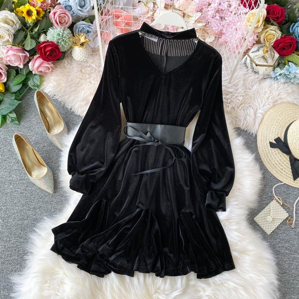 

casual dresses vintage women's velour mini dress femme long sleeve a-line velvet woman hollow out v neck belt waist, Black;gray