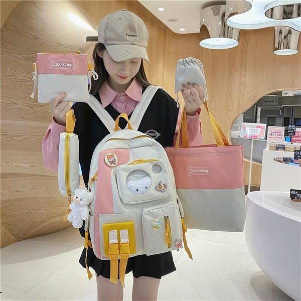 

school bags 5-piece fashion women backpack trend pendant bag for girls large-capacity waterproof student shoulder knapsack