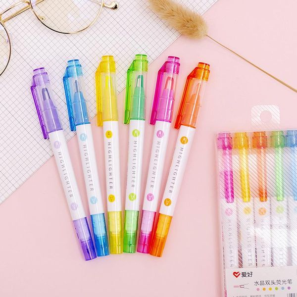

6pcs/set double head fluorescent highlighter pen markers pastel drawing for student school office supplies cute stationery highlighters, Black;red