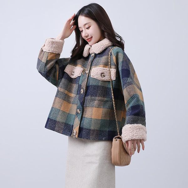 

women's jackets autumn and winter short korean plaid small fragrance student loose little girl woolen coat thickened, Black;brown