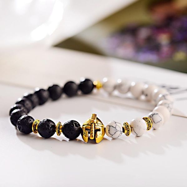 

beaded, strands charm men knight helmet bracelet natural lava stone black&white bead elastic bracelets fashion chakra bangles