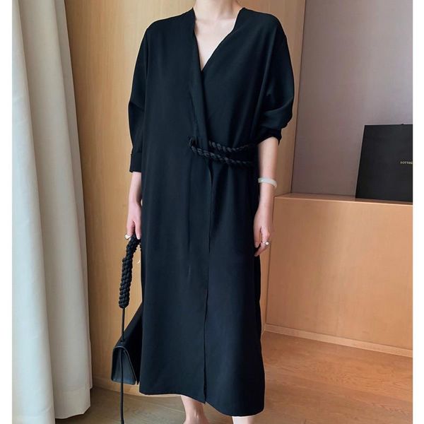 

casual dresses [ewq] korea chic autumn trendy women v-neck loose robe side lace-up fashion simple long-sleeved dress 2021 16w1708, Black;gray