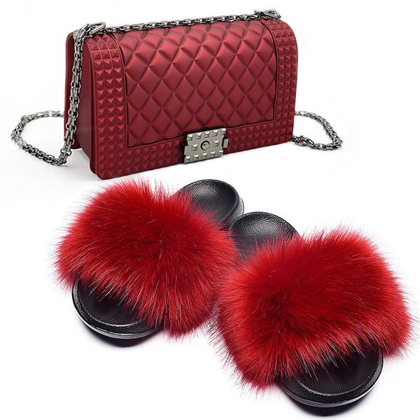 

luxury hand painting rainbow chain bag faux fox fur slipper set, Black