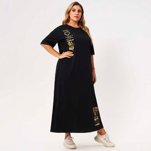 

casual dresses summer women 2021 black o-neck short sleeve loose golden letter pattern printing college plus size long es wlbq, Black;gray