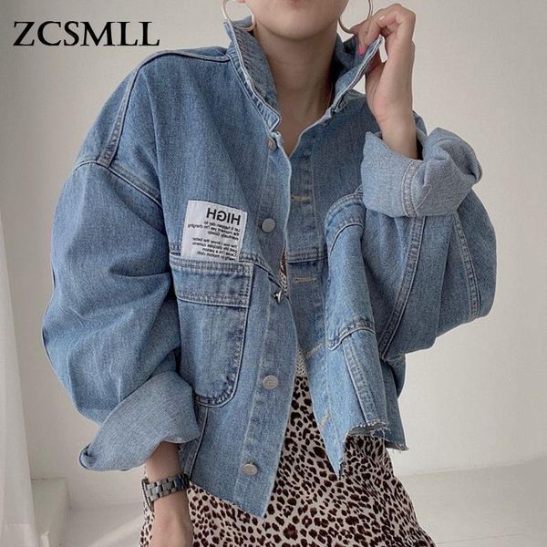 

women's jackets zcsmll korea autumn winter lapel coat single-breasted letter patch large pockets washed blue denim short women jacket, Black;brown