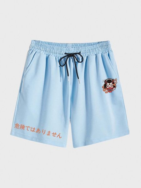

men japanese letter graphic drawstring waist shorts p22d#, Black
