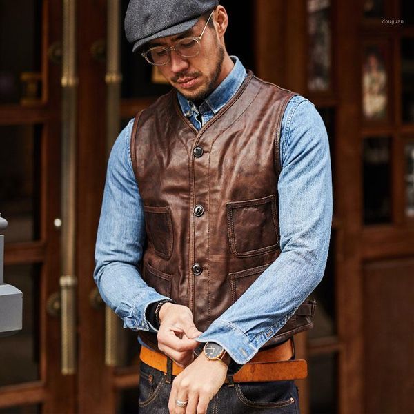

men's vests 2021 vintage brown men slim fit casual leather vest single breasted plus size xxxl genuine thin sheepskin spring natural co, Black;white