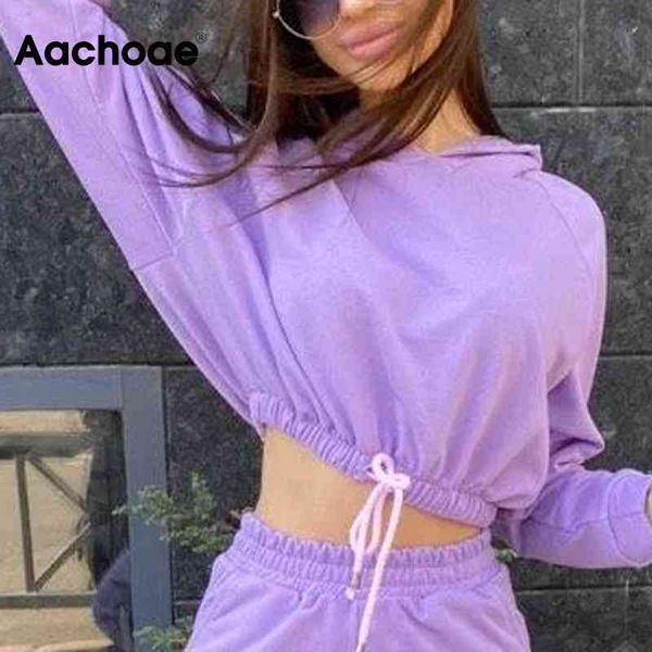 

aachoae solid batwing long sleeve loose cropped lady sports style hooded hoodies women drawstring waist female sweatshirts 210413, Black