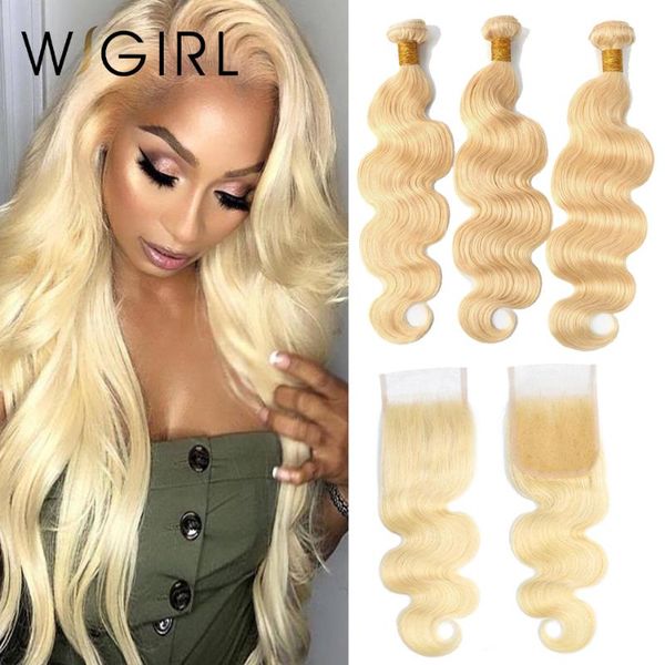 

human hair bulks wigirl 9a 613 body wave brazilian weave bundles virgin blonde 3 with closure middle & part, Black