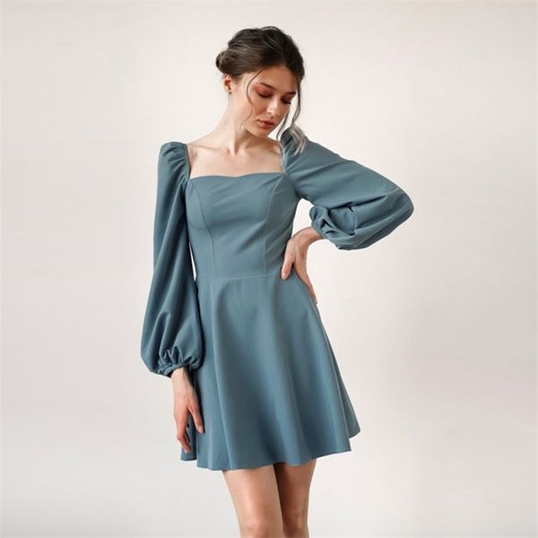 

churses solid casual autumn mini dress puff sleeve square neck elegant slim party dress ladies vintage a line women dress 211023, Black;gray