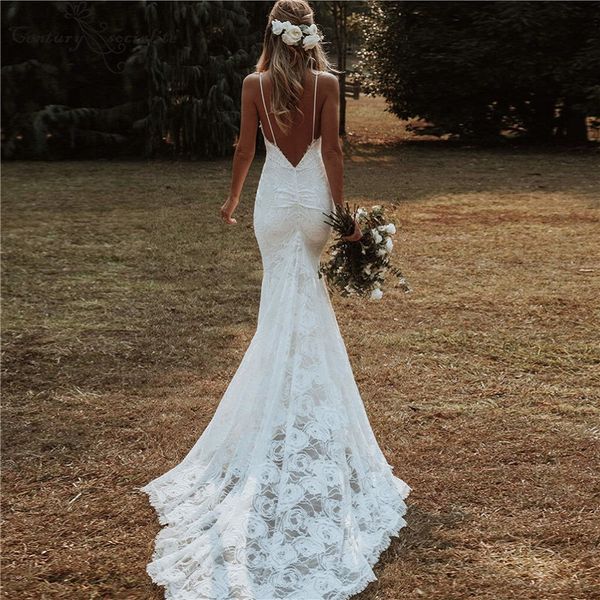 Abiti da sposa a sirena della Boemia 2021 Backless Applique in pizzo Beach Country senza spalline Abiti da sposa Vestido De Noiva313b