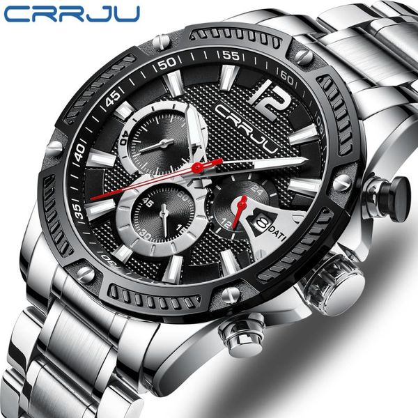 

wristwatches crrju fashion mens watches stainless steel sport chronograph quartz watch men sliver relogio masculino, Slivery;brown