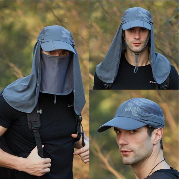 

3 fold foldable baseball cap sunscreen mask shawl sets outdoor men quick drying mountaineering sun hat fishing caps, Blue;gray