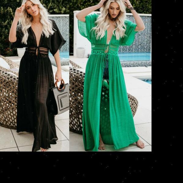 

maxi beach bikini cover up womens dresses long boho swimwear summer v neck, Black;gray