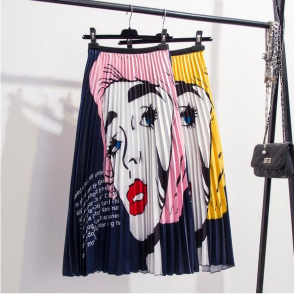 

skirts cartoon pattern 2021 women skirt spring summer high elasticity pleated street style casual a-line mid-calf, Black