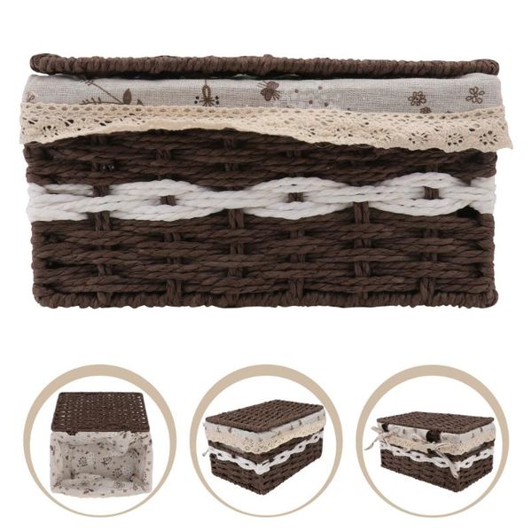 

1pc rattan woven storage basket bin with lid practical deskorganizer baskets