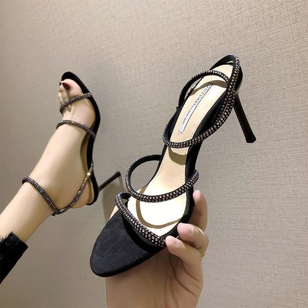 

crystal beads narrow band gladiator sandals women double glitter high heels summer party shoes ankle strap sandalias ns20, Black