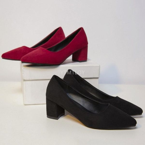 

shoes square heel women pointed toe pumps fashion high heels flock leather black party plus size 34-42 zapatilla mujer dress