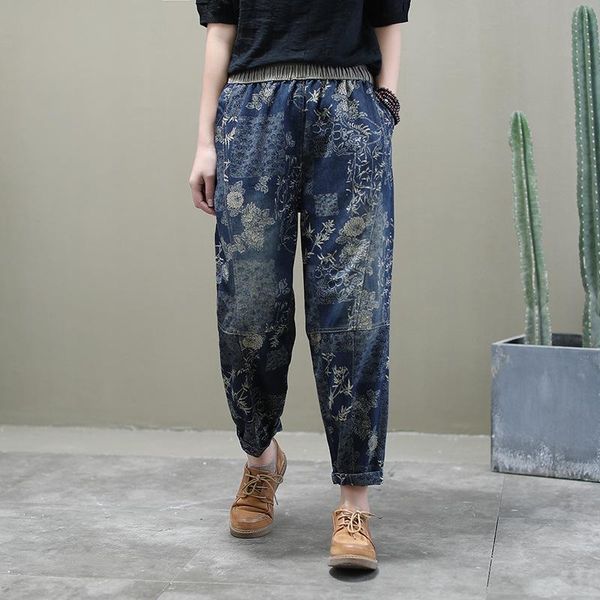 

women's pants & capris elastic waist large size denim trousers washed printed stitching harem long carrot pant girl, Black;white