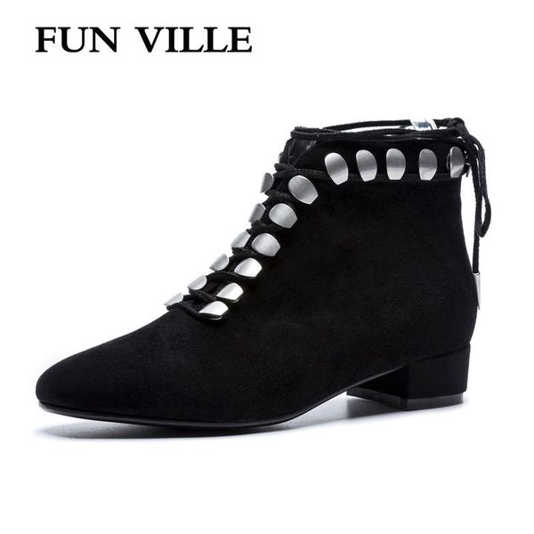 

boots fun ville 2021 fashion autumn winter women ankle natural suede black square heel ladies shoes toe lace up