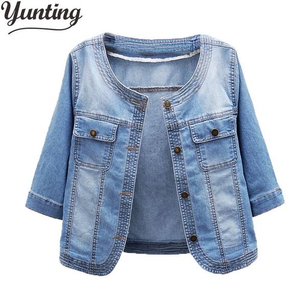 

women's jackets spring autumn denim jacket women plus size half sleeve jeans womens o neck coats elastic short base 3xl, Black;brown