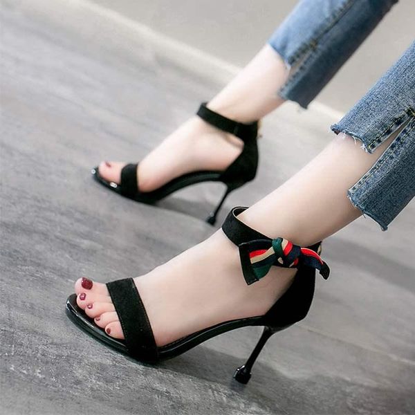 

dress shoes straight line and thin heel in summer 2021 fairy style elegant butterfly dew toe sandals women's feeling wrap, Black