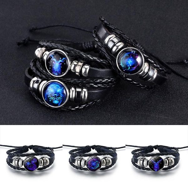 

link, chain 12 signs constellation braided leather bracelet punk braid jewelry for men women aic88, Black