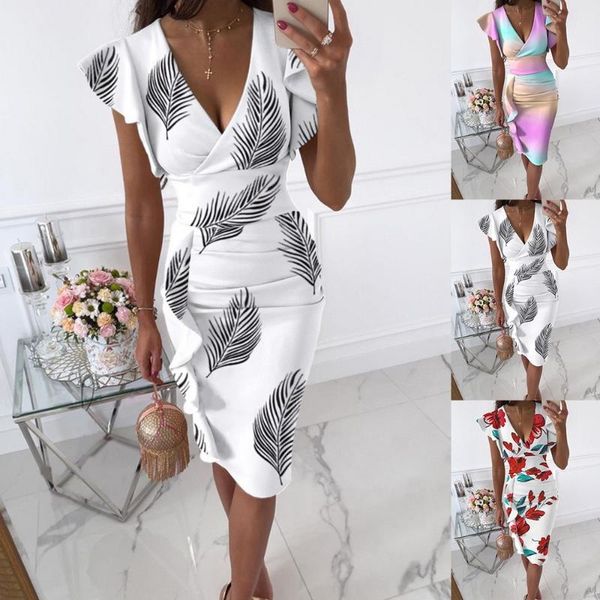

casual dresses elegant ladies dress summer fashion ruffl folds flower print for women deep v-neck sleeveless party bodycon clothes 2021, Black;gray