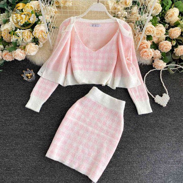 

autumn 3 pcs set sweaters for women fashion lady korean cardigans sweaters + vest + mini skirt knitted suit 211119, White