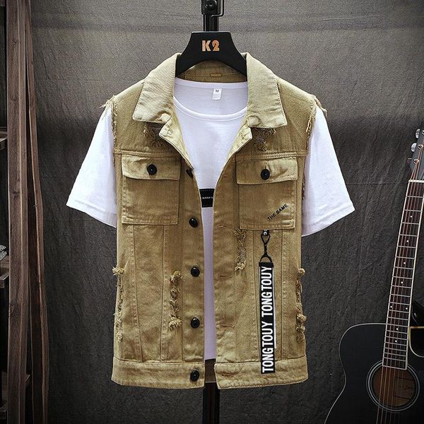 

denim vest male 2021 fashion korean teenagers ribbon ripped hole handsome sleeveless jacket casual all-match clothes men's vests, Black;white
