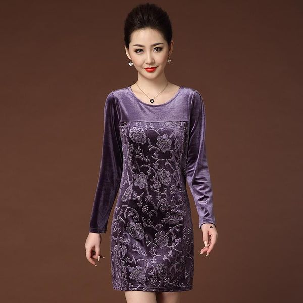 

casual dresses middle-aged mother dress large size women's spring and autumn gold velvet solid color jacquard, Black;gray