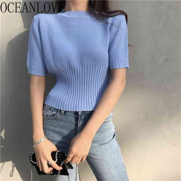 

knitted solid t shirt women short sleeve o neck casual all match ropa mujer spring summer pullovers fashion 15471 210415, White