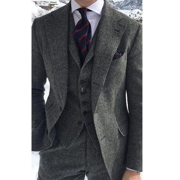 

men's suits & blazers wool tweed grey suit suitable for formal business groom wedding tuxedo herringbone 3-piece set jacket vest with p, White;black
