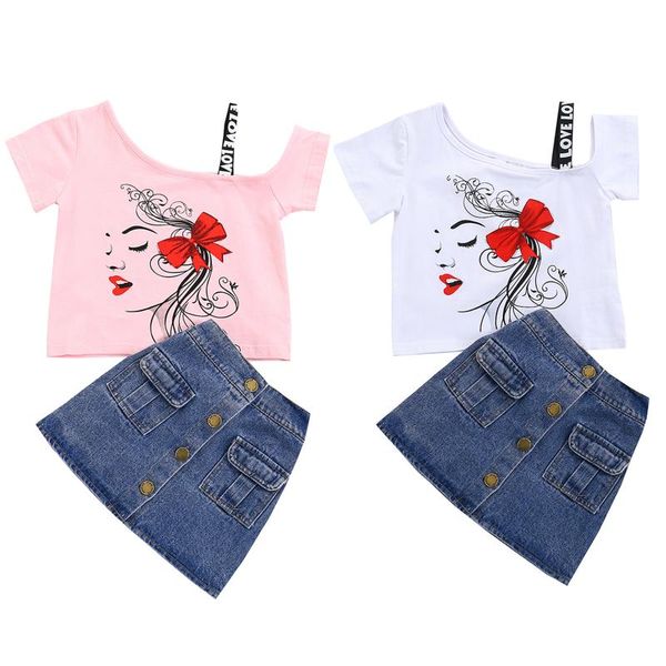 

clothing sets 2pcs toddler baby girls summer clothes, short sleeve strap one shoulder t-shirts + mini denim skirt set fashion, White