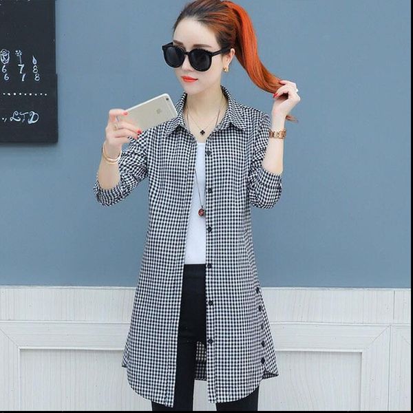 

women spring autumn cotton womens blouses lady mid long casual sleeve blouse shirt turn down collar plaid, White