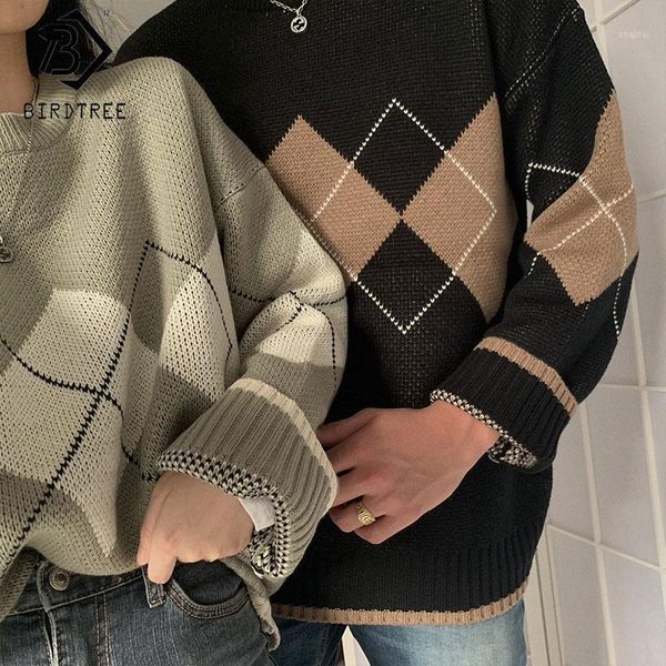 

women's sweaters geometric pattern argyle pullovers spring autumn loose oversized o-neck knitted korean college style ladies jumper, White;black