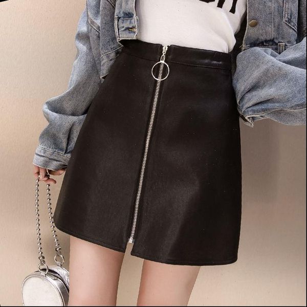 

zip leather high waist pu womens skirts a word mujer faldas saias mulher, Black