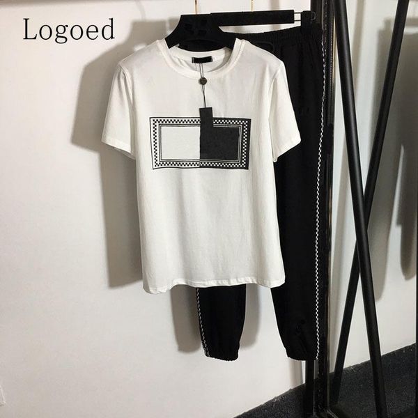 

women's two piece pants 2021 contrast printing sportswear slim fit loose round neck short sleeve t-shirt + high waist casual, White