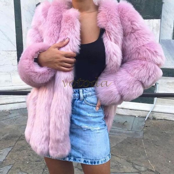 

women's fur & faux winter warm coat furry jacket luxury fashion overcoat woman o-neck long sleeve fake, Black