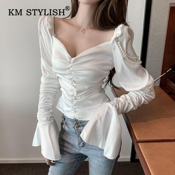 

women v-neck solid flare-sleeve blouse long-sleeve draped beading shirts female fashion women's blouses &, White