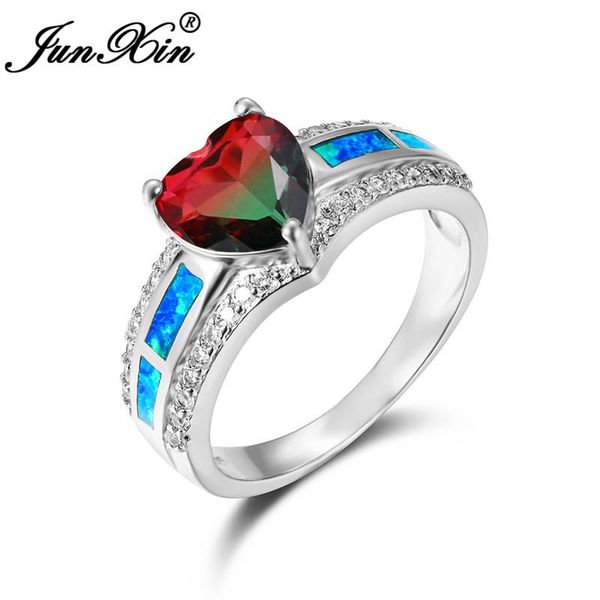 

wedding rings engagement mystic fire crystal heart for women silver color white gold red green stone blue opal ring bands, Slivery;golden