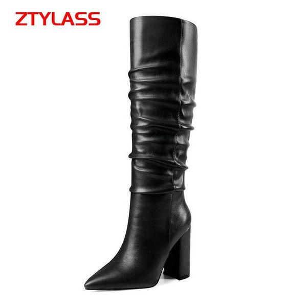 

boots black red beige pleated knee high women faux leather pointed toe square heel long autumn winter shoes