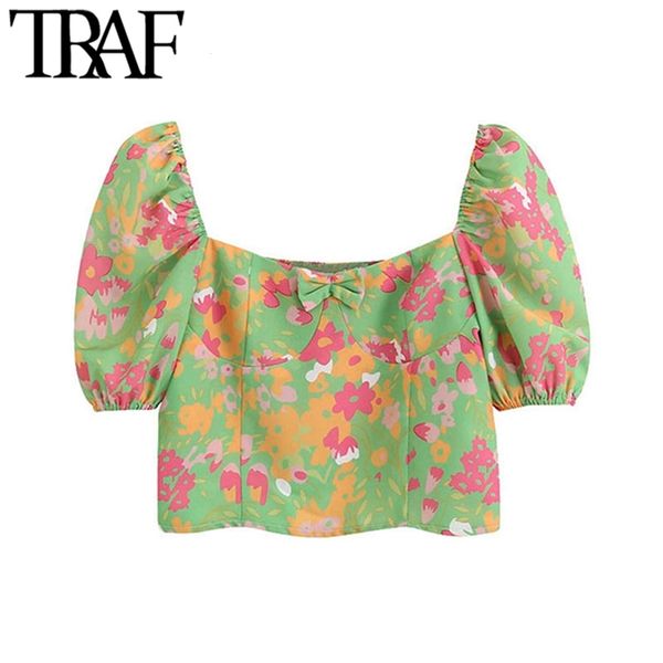 

women fashion floral print with bow cropped blouses vintage puff sleeves back elastic female shirts chic 210507, White