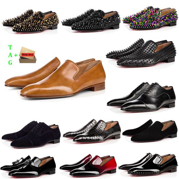

man red bottoms shoes designers low flat rivets embroidery mens business banquet dress shoe luxurys patent suede stylist spikes genuine leat, Black