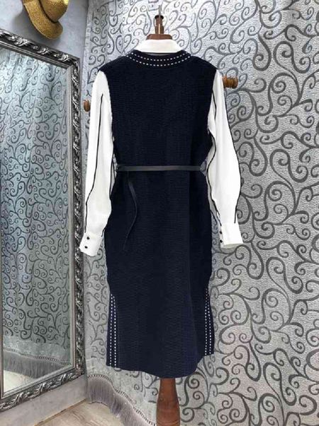 

skirt grade designer clothing sets autumn winter suit women turn-down collar striped white shirt+v-neck knitted