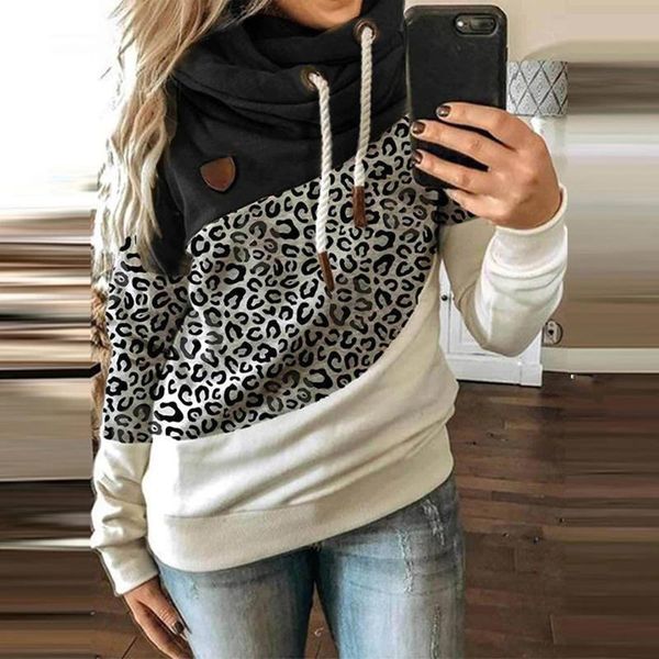 

ly three-color patchworks hooded long-sleeved lace-up hoodies fall warm basic women's pullover & sweatshirts, Black