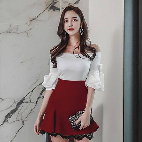 

summer women's fashion 2 piece sets slash neck plaid shirts + high waist bow a-line skirt two-piece lady girls suits 210525, White